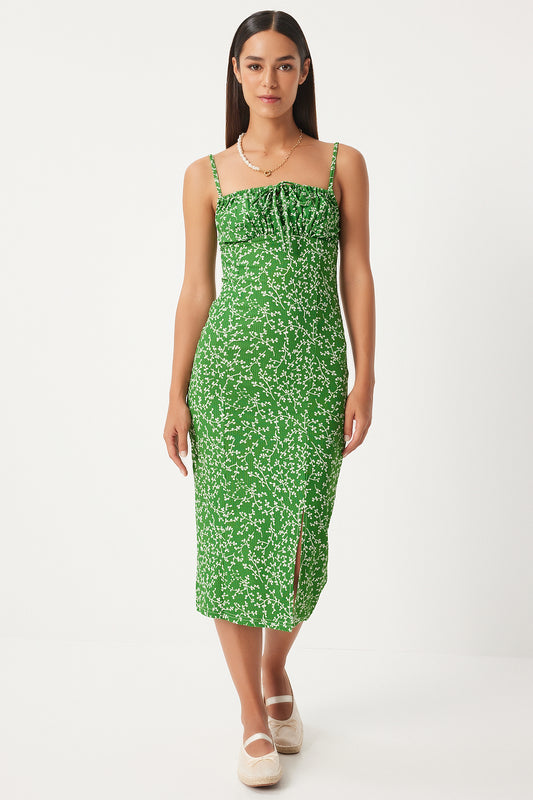 Happiness İstanbul Green and White Floral Slit Knitted Summer Dress Vibrant Green And White Women