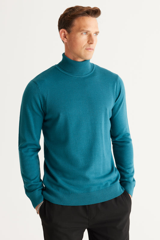 ALTINYILDIZ CLASSICS Petrol Standard Fit Non-Pilling Full Turtleneck Knit Sweater Oil Men