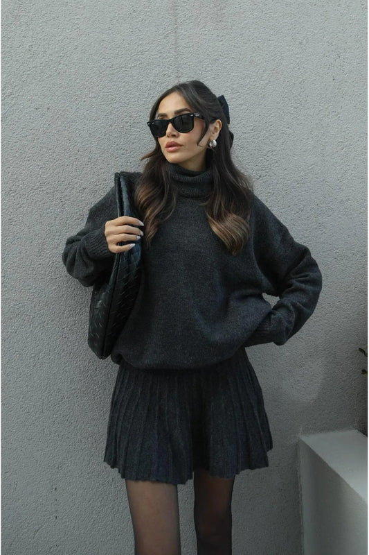 Mooi Butik Anthracite Pleated Mini Skirt Fisherman Sweater Bottom Top Knitwear Set Women