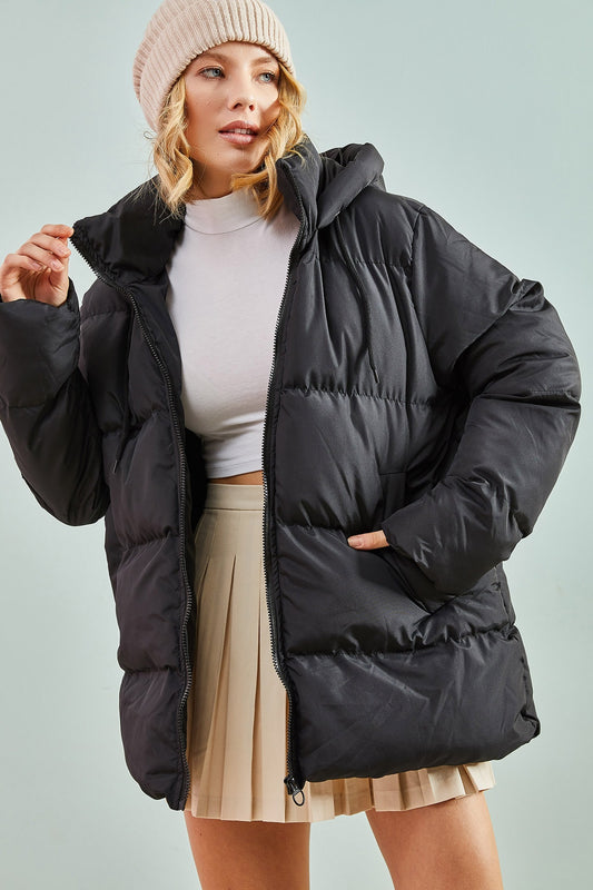 Bianco Lucci Women's Hooded Long Puffer Coat with Lace Black Women