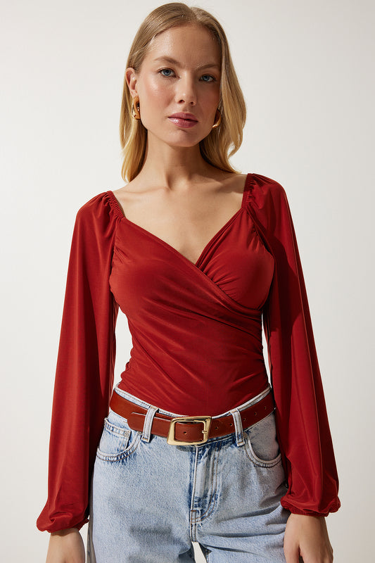 Happiness İstanbul Women's Tile Elastic Balloon Sleeve Sandy Knitted Blouse Women