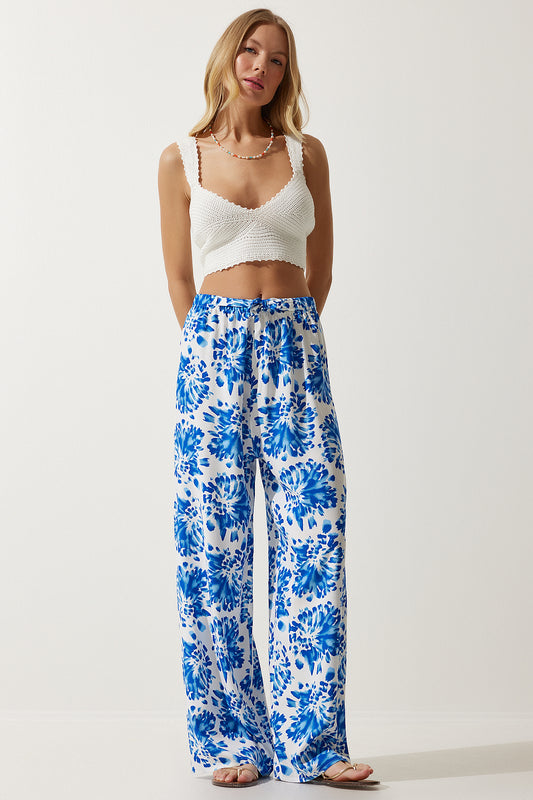 Happiness İstanbul Women's Ecru Blue High Waist Summer Loose Viscose Trousers Off-blue Women