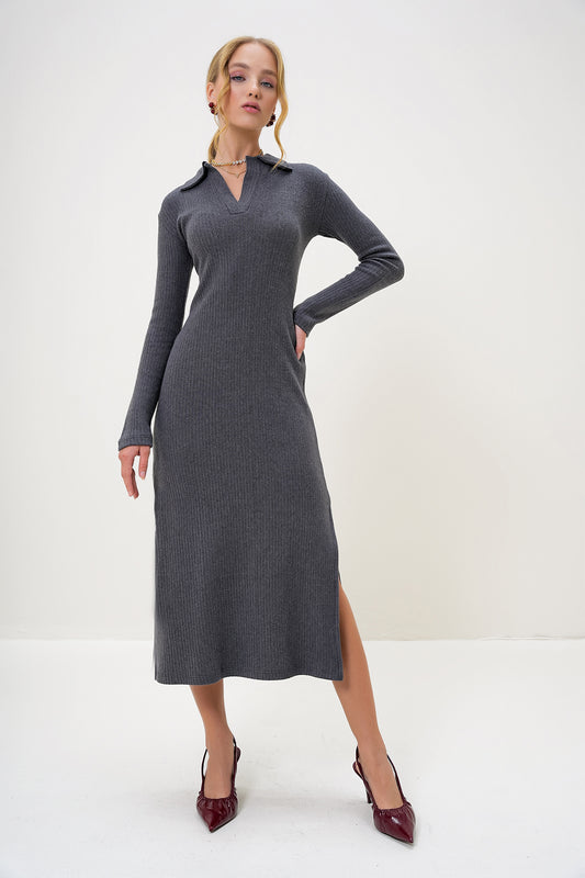 Trend Alaçatı Stili Women's Anthracite Polo Neck Half Placket Side Slit Interlock Fabric Dress Alc Women