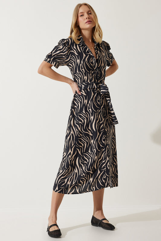 Happiness İstanbul Women's Black Beige Patterned Belted Summer Shirt Dress Women