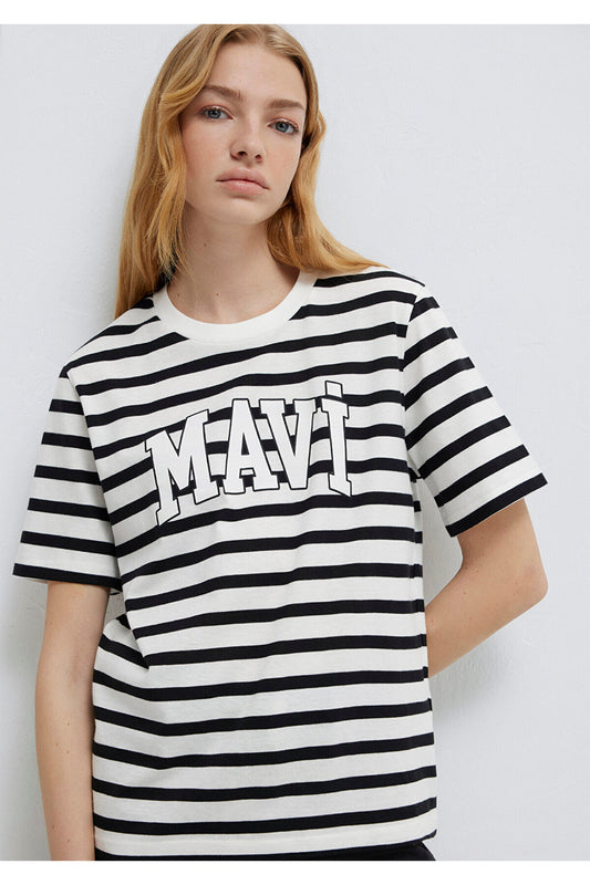Mavi Logo Printed Black Striped T-Shirt Regular Fit - Normal Cut Women