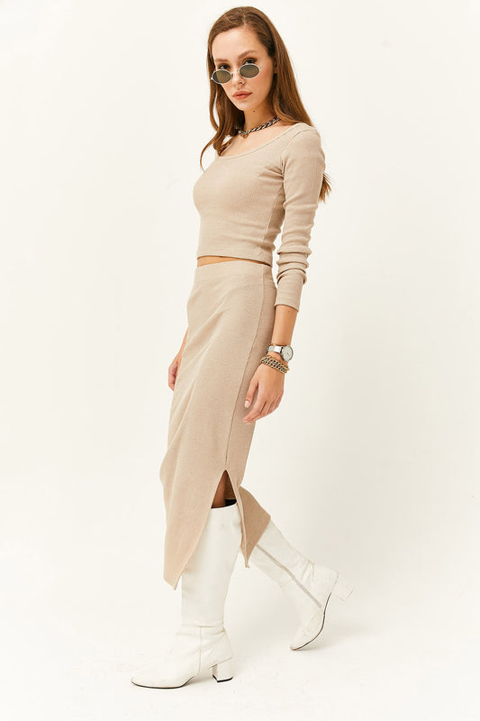 Olalook Women's Stone Open Collar Long Sleeve Blouse Slit Skirt Suit Women