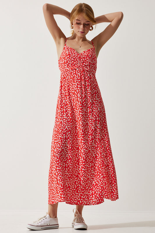 Happiness İstanbul Women's Red Strap Patterned Viscose Dress Women