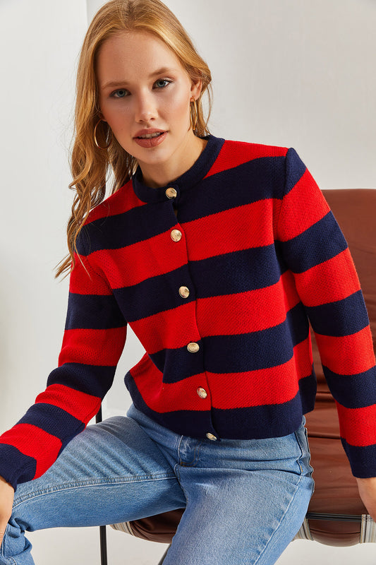 Bianco Lucci Women's Metal Buttoned Thick Striped Knitwear Cardigan Navy-red Women