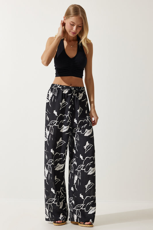 Happiness İstanbul Women's Vibrant Black Patterned Flowing Viscose Palazzo Trousers Live Black Women