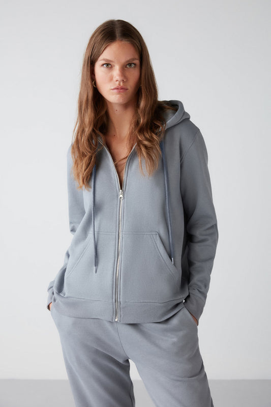 GRIMELANGE Carlota Women's Fleece Inside Organic Fabric Metal Zippered Hooded Soft Blue Sweatshirt Women