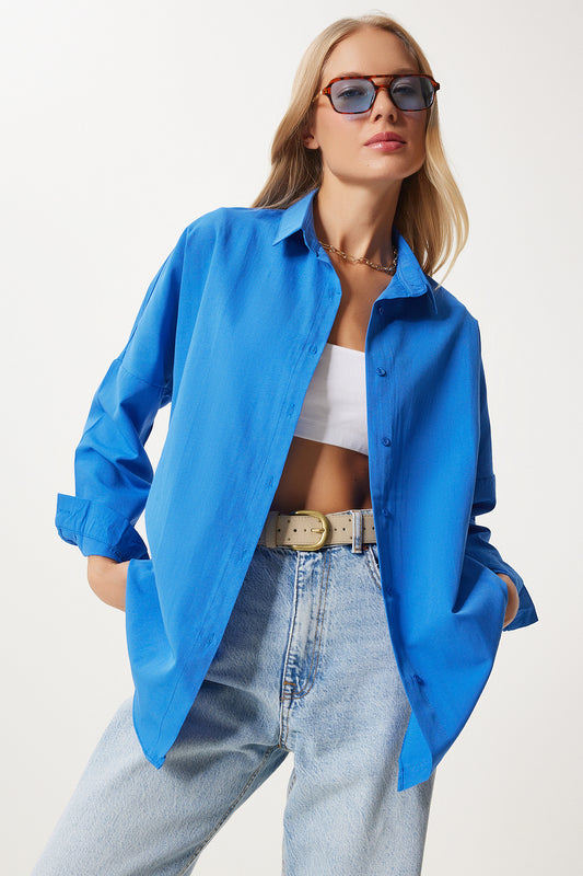 Happiness İstanbul Women's Vibrant Blue Oversize Long Basic Shirt Women