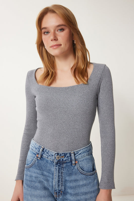 Happiness İstanbul Women's Gray Square Neck Corded Knitted Blouse Women