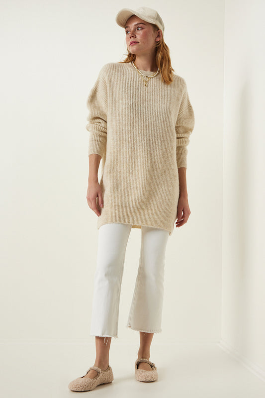 Happiness İstanbul Cream Oversize Long Basic Knitwear Sweater Women