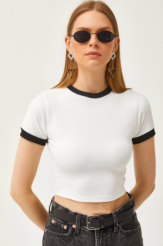 Olalook Women's White Color Striped Lycra Crop Ottoman Blouse Women