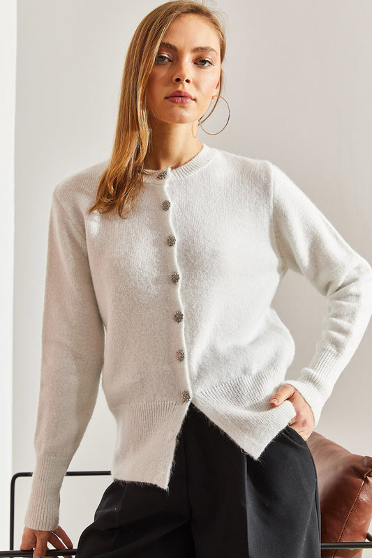 Bianco Lucci Women's Knitwear Cardigan - Buttoned Design White Women