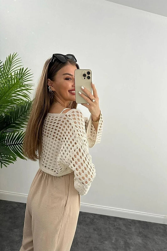 manolyabutik Cream Colored Openwork Knitwear Women's Crop Blouse Women