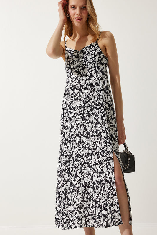 Happiness İstanbul Women's Black and White Strap Patterned Viscose Dress Women