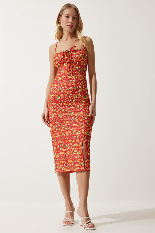 Happiness İstanbul Women's Dark Orange Floral Slit Summer Knitted Dress Women