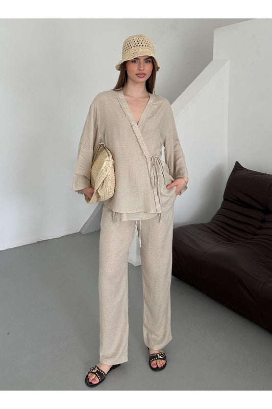 Laluvia Natural Detailed Side Tie Linen Fabric Kimono Set Women