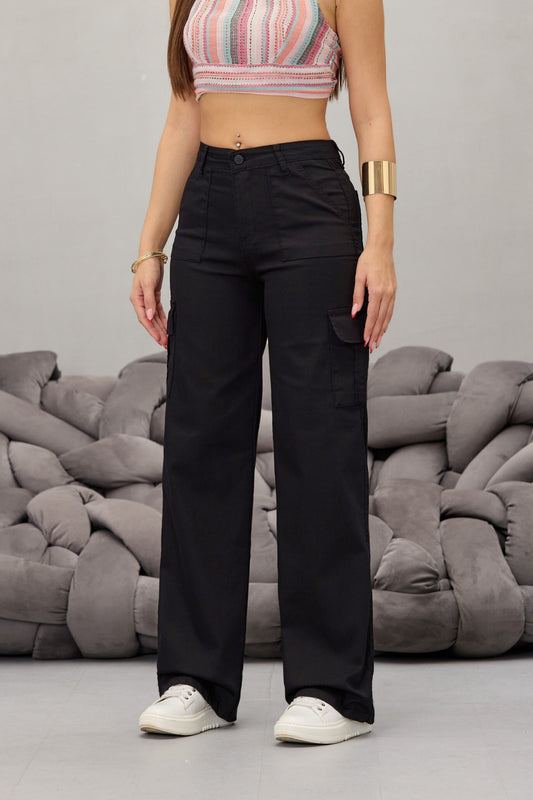 BİKELİFE Black Cargo Pocket Lycra High Waist Wide Leg Trousers Women