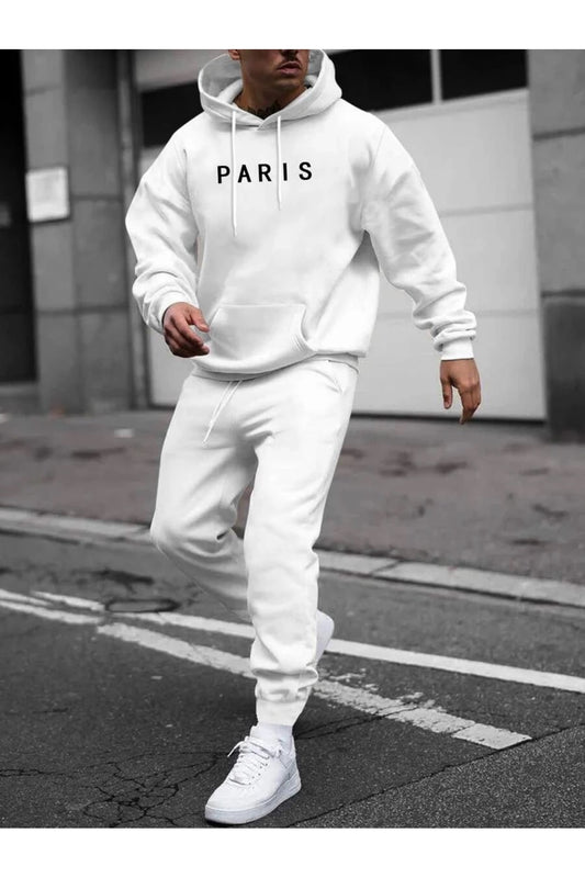 MOONBULL Men's Paris Printed Hooded Tracksuit Set White Men