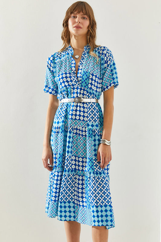 Bianco Lucci Women's Viscose Patterned Viscose Dress with Stand Collar Blue Women