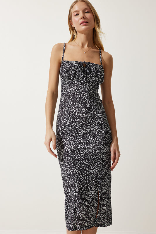 Happiness İstanbul Women's Black and White Floral Slit Summer Knitted Dress Women