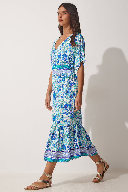 Happiness İstanbul Women's Blue V-Neck Floral Summer Viscose Dress Women