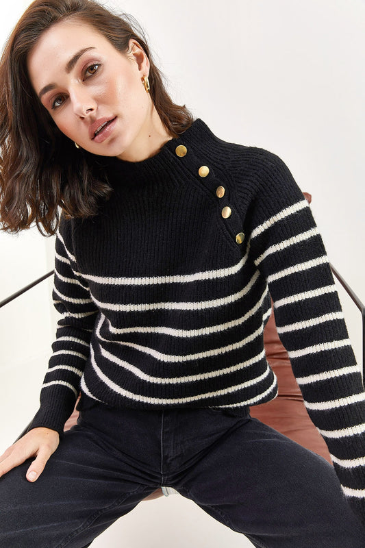 Bianco Lucci Women's Half Turtleneck Shoulder Button Detailed Knitwear Sweater Black Women