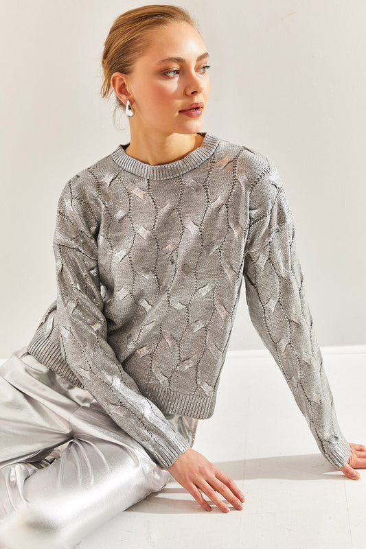 Bianco Lucci Women's Patterned Knitwear Sweater Gray Women