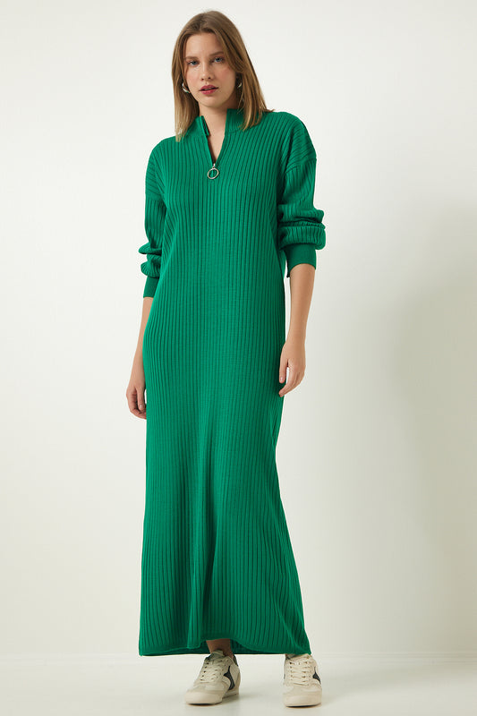 Happiness İstanbul Women's Green Zip Collar Ribbed Long Knitwear Dress Women
