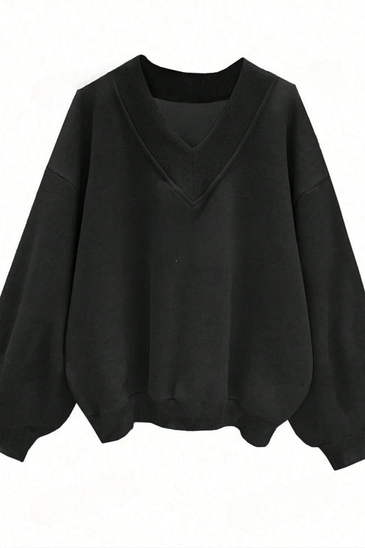 Know Women's 3 Thread Black Plain V-Neck Oversize Sweatshirt Women