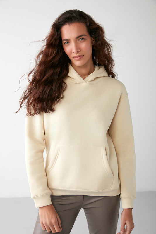 GRIMELANGE Adel Women &Apos; S Hooded Sweatshirt with Vanilla Color Organic Cotton, Fleece, Soft and Kangaroo Pockets Women