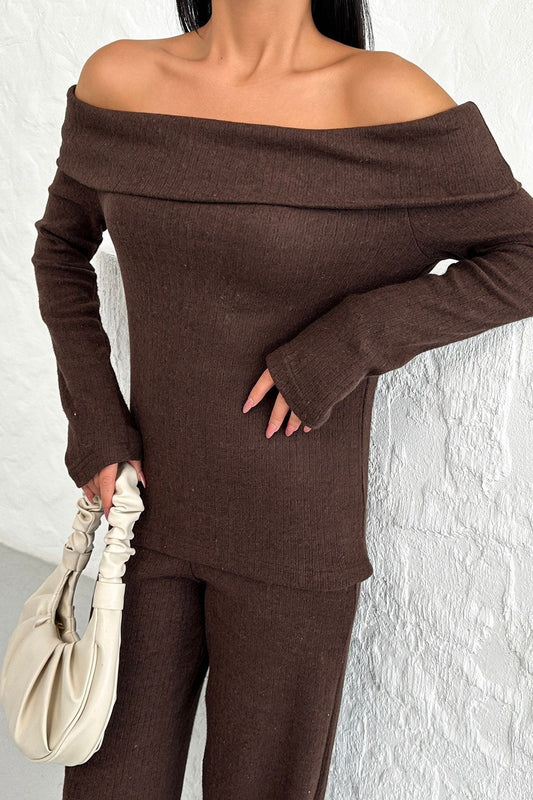 Know Brown Thessaloniki Fabric - Madonna Collar Women's Set, Bottom and Top Trousers Women