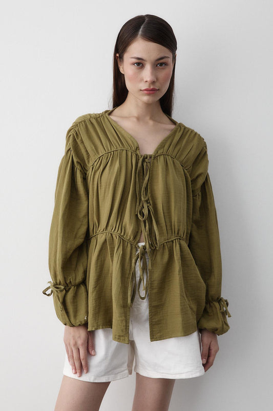 Laluvia Khaki 100% Cotton Muslin Shirt with Elastic Sleeves Women