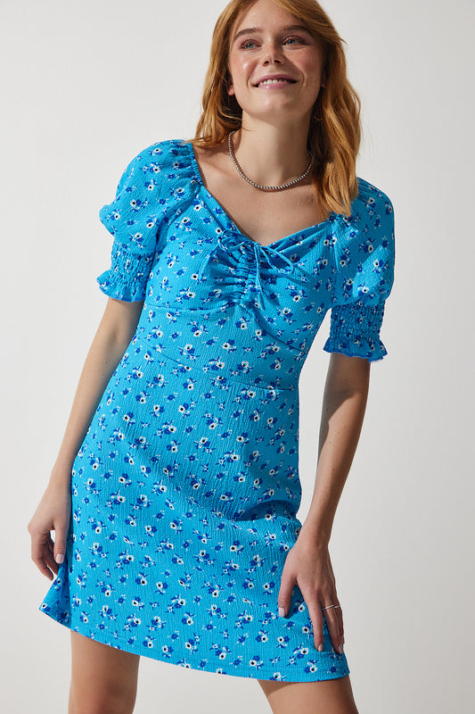 Happiness İstanbul Women's Light Blue Gathered V-Neck Patterned Knitted Dress Women