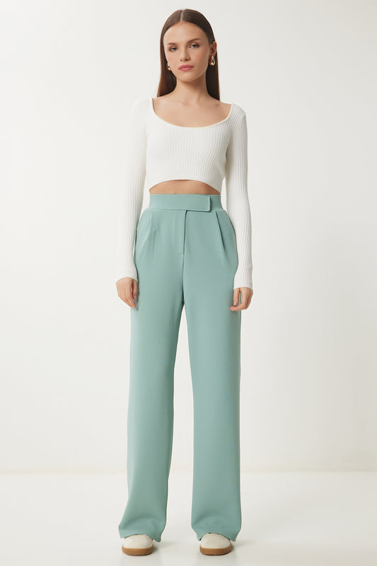 Happiness İstanbul Women's Water Green Velcro Waist Comfortable Woven Trousers Aqua Green Women