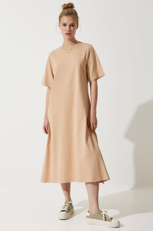 Happiness İstanbul Women's Biscuit Crew Neck Loose Comfortable Combed Cotton Dress Women