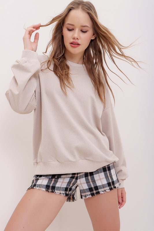 Trend Alaçatı Stili Women's Stone Crew Neck Oversize Basic Sweatshirt Women