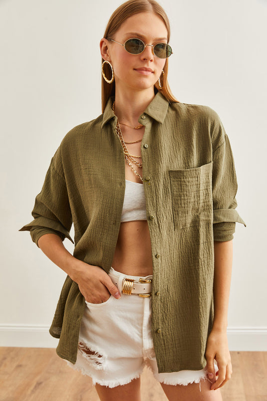 Olalook Khaki Color Oversize Women's Muslin Shirt - GML Women