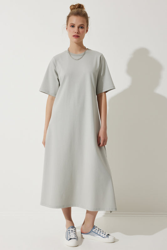 Happiness İstanbul Women's Gray Crew Neck Loose Comfortable Combed Cotton Dress Women