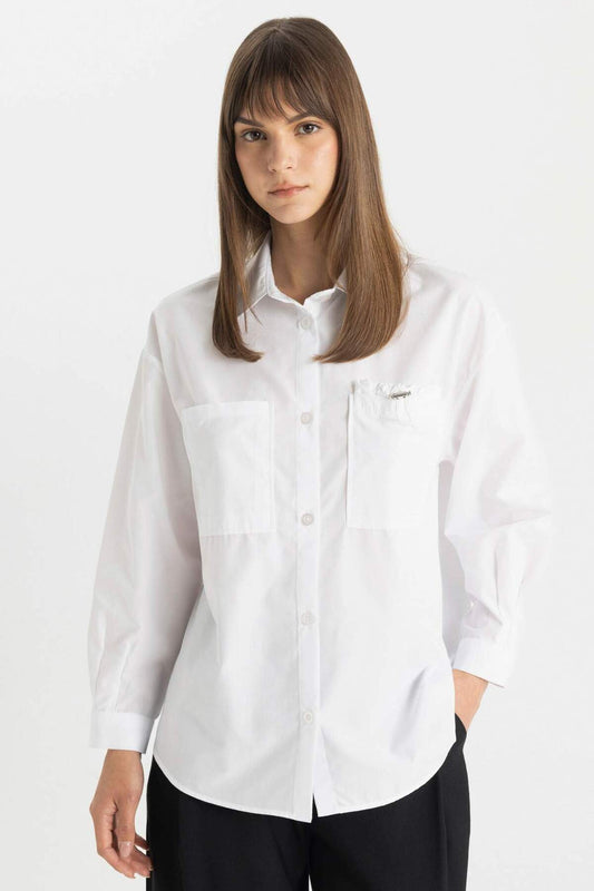DeFacto Poplin Relax Fit Long Sleeve Tunic Shirt White Women