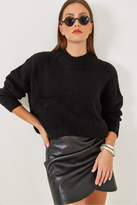 Bianco Lucci Women's Big Pocket Patterned Knitwear Sweater Black Women
