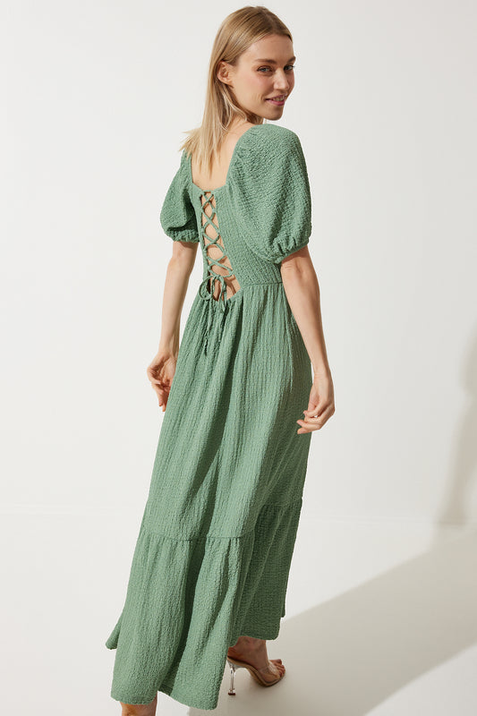 Happiness İstanbul Women's Green Heart Collar Textured Summer Knitted Dress Light Green Women