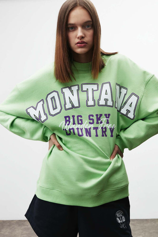 GRIMELANGE Ramona Women's Green Oversize Fleece Cotton Sweatshirt - Printed and Round Neck Women