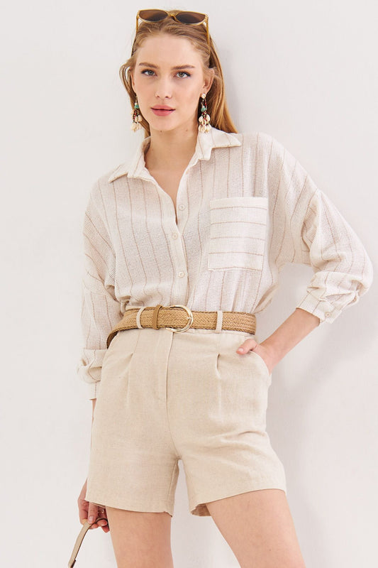armonika Beige Women's Oversize Shirt - Long Sleeve, Pocket Detail, Pleated Back, Striped Women