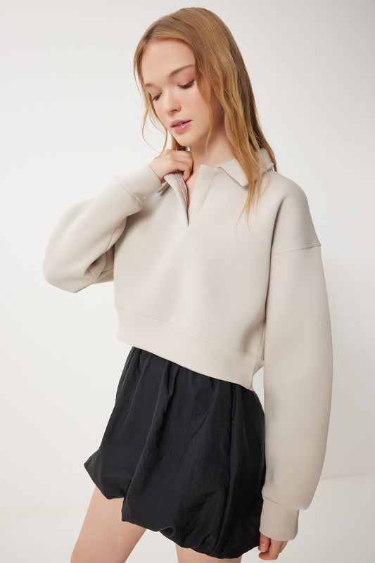 Happiness İstanbul Women's Beige Polo Neck Raised Crop Knitted Sweatshirt Women