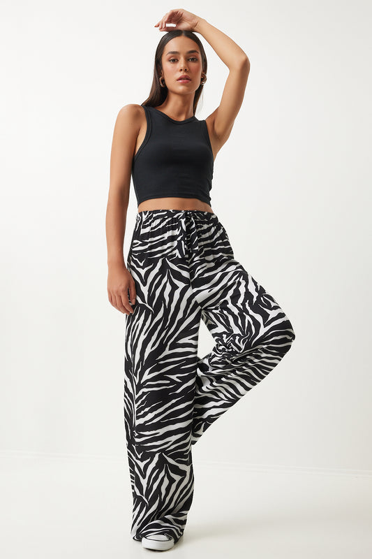 Happiness İstanbul Women's Ecru Black Patterned Flowing Viscose Palazzo Trousers Off-black Women