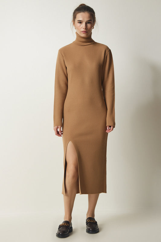Happiness İstanbul Women's Biscuit Turtleneck Slit Knitwear Dress Women