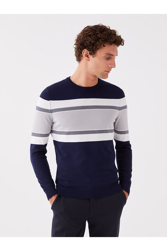 LC Waikiki Men's Knitwear Sweater - Crew Neck, Long Sleeve, Color Block Navy Blue Men